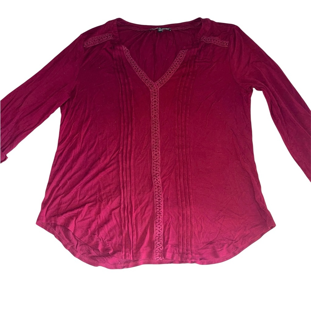 Women’s Burgundy Long-Sleeve V-Neck Top Boho Peasant
